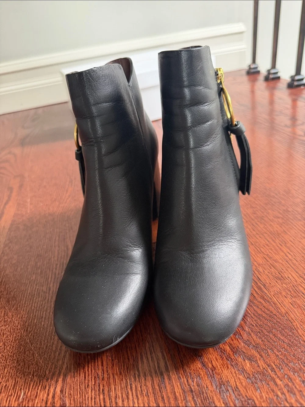 See By Chloé Black Leather Ankle Booties with Gold Ring Charm